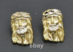 Real 10k Yellow Gold Jesus Head Diamond Cut Stud Earrings 2.7gr