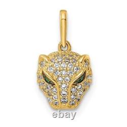 Real 14kt Yellow Gold Polished Green & White CZ Lioness Head Pendant