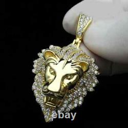 Real Moissanite 2. CT Round Lion Head Men's Pendant 14K Yellow Gold Silver Plated