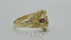Real Solid 10K Yellow Gold Mens Red Eye Lion Head Ring 2.9 grams ALL SIZES