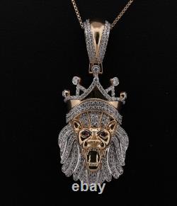 Round Lab-Created Diamond Crowned Lion King Head Pendant 14k Yellow Gold Plated