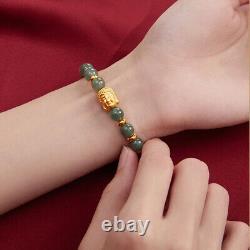 Unique 24K Yellow Gold 3D Craft Buddha Head Green Jadeite Beads Lucky Bracelet